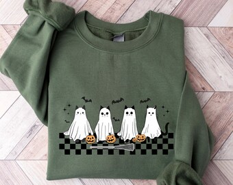 Cute Ghost Cats Halloween Sweatshirt, Ghost Cat Halloween Shirt, Spooky Season, Cat Lover Gift, Halloween Gift Cats Owner, Halloween Cat Tee