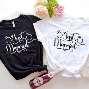 Just Married T-Shirt,Husband and Wife Couples Honeymoon T-Shirt,Finally Matching Wedding Tee,Engagement Gift,Bridal Shower Gift,Newlywed Tee