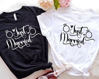 Just Married T-Shirt,Husband and Wife Couples Honeymoon T-Shirt,Finally Matching Wedding Tee,Engagement Gift,Bridal Shower Gift,Newlywed Tee