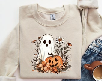 Sweat-shirt fantôme rétro, chemise fantôme mignonne, chemise d'Halloween fantôme floral vintage, chemise d'Halloween à fleurs, chemise automne rétro, chemise fantôme vintage