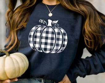 Buffalo kariertes Kürbis-T-Shirt, Kürbis-Outfit, Herbst-Kürbis-Pullover, Herbst-Vibes-Shirt, Herbst-Saison-Shirt, Halloween-Kürbis-Shirt