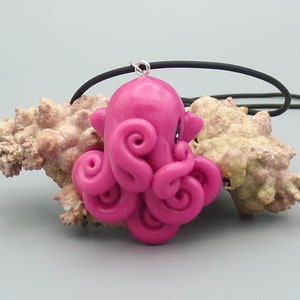 Sunset Octopus Necklace, Fuchsia Polymer Clay Cephalopod Jewelry