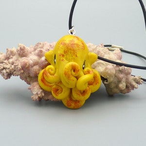 Solar Flare Octopus Necklace, Bright Yellow Polymer Clay Cephalopod Jewelry