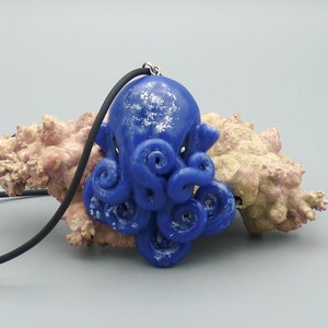 Night Sky Octopus Necklace, Blue Polymer Clay Cephalopod Jewelry