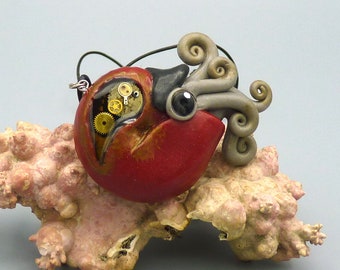 Gilded Steampunk Nautilus Necklace, Polymer Clay Cephalopod Jewelry