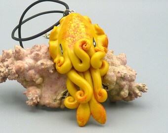 Solar Flare Cuttlefish Necklace, Bright Yellow Polymer Clay Jewelry