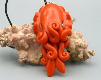 Crimson Cuttlefish Necklace - Polymer Clay Jewelry Pendant