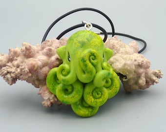 Green Moss Octopus Necklace, Handmade Polymer Clay Jewelry