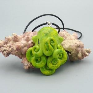Green Moss Octopus Necklace, Handmade Polymer Clay Jewelry image 1