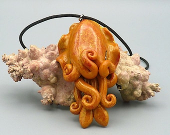Burnt Orange Cuttlefish Necklace - Handmade Polymer Clay Jewelry