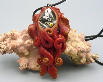 Gilded Steampunk Cuttlefish Necklace, Polymer Clay Sea Life Jewelry