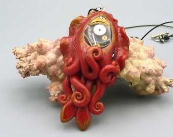 Gilded Steampunk Cuttlefish Necklace, Handmade Polymer Clay Jewelry