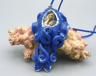 Time Cuttlefish Necklace,  Polymer Clay Gallifreyan Cephalopod Jewelry