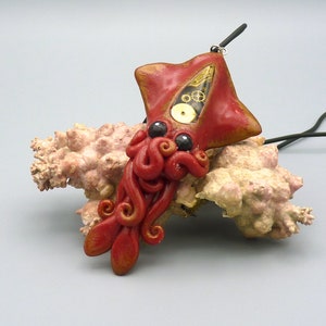 Gilded Steampunk Squid Necklace, Polymer Clay Neo-Victorian Jewelry
