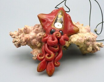 Gilded Steampunk Squid Necklace, Polymer Clay Jewelry