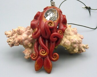 Gilded Steampunk Cuttlefish Necklace,  Polymer Clay Neo-Victorian Jewelry
