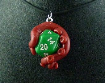 Burgundy and Green Sanity Check Necklace - Tentacle Wrapped D20 Pendant