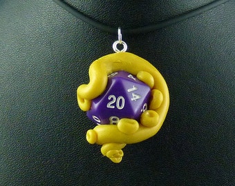 Purple and Yellow Sanity Check Necklace - Tentacle Wrapped D20 Pendant