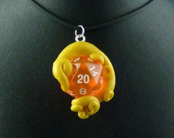 Yellow and Peach Sanity Check Necklace - Tentacle Wrapped D20 Pendant
