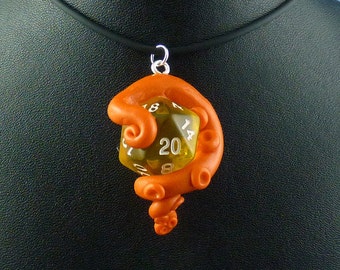 Orange and Yellow Sanity Check Necklace - Tentacle Wrapped D20 Pendant
