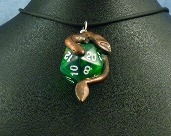 Antique Bronze and Green Dicekeeper Dragon Necklace - D20 Pendant