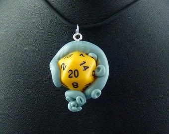 Light Blue and Yellow Sanity Check Necklace - Tentacle Wrapped D20 Pendant