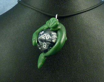 Green and Metallic Gray Dicekeeper Dragon Necklace - D20 Pendant