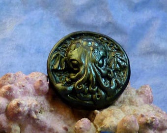 Green Brown Cthulhu Cameo Pin, Polymer Clay Fashion Jewelry