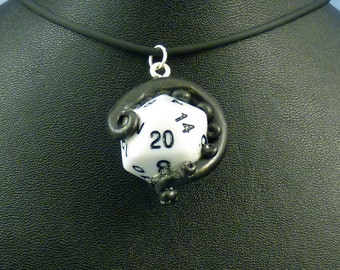 Black and White Sanity Check Necklace - Tentacle Wrapped D20 Pendant