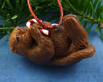 Xmas Sea Otter and Candy Cane Ornament , Handmade Christmas Decoration