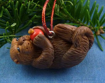 Xmas Sea Otter and Red Ball Ornament , Handmade Christmas Decoration