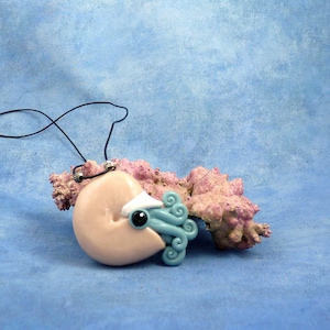Raincloud Nautilus Necklace, Pale Blue Polymer Clay Jewelry Pendant