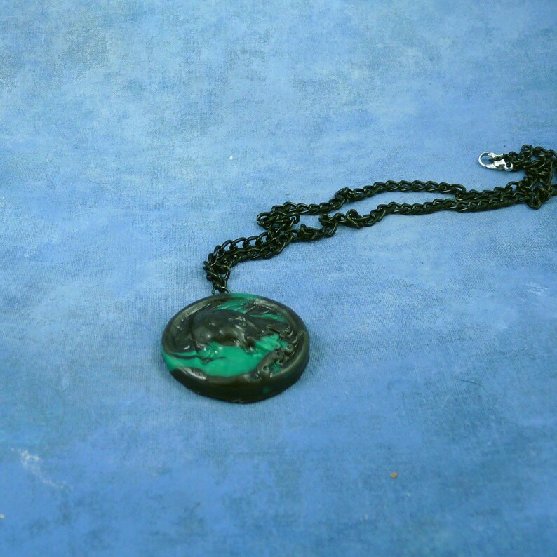 Jade Marble Cthulhu Cameo Necklace with Chain, Handmade Polymer Clay Jewelry image 2