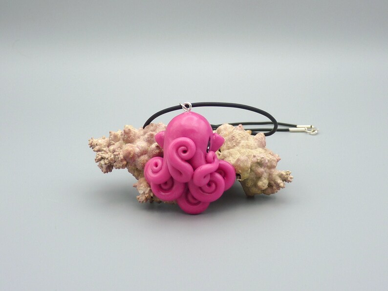 Sunset Octopus Necklace, Fuchsia Polymer Clay Cephalopod Jewelry image 1