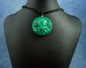 Jade Small Cthulhu Cameo Necklace with Chain, Handmade Polymer Clay Jewelry