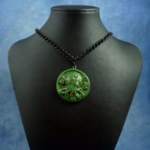 Green Small Cthulhu Cameo Necklace with Chain, Polymer Clay Lovecraft Jewelry