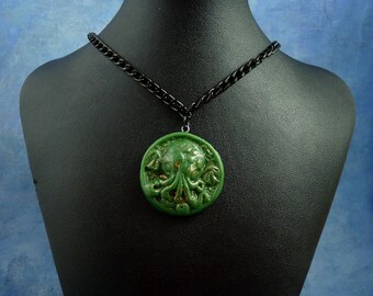 Green Small Cthulhu Cameo Necklace with Chain, Polymer Clay Lovecraft Jewelry