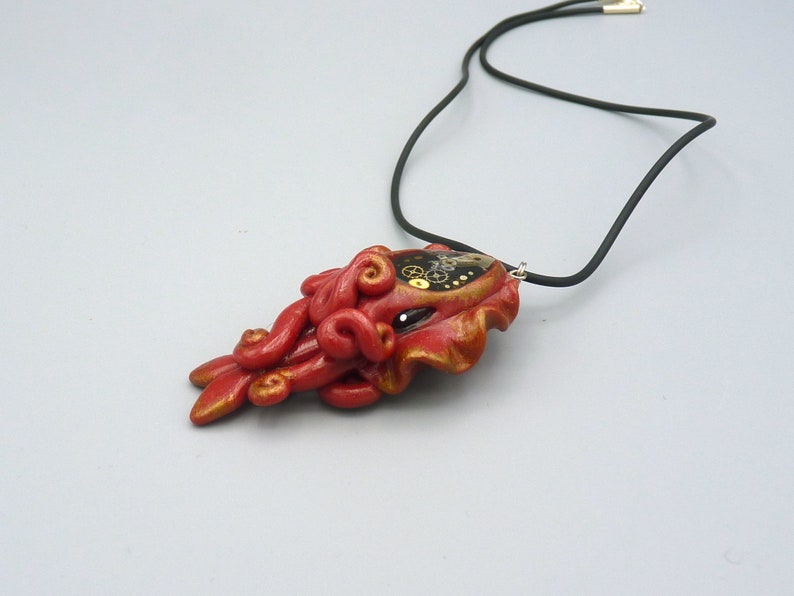 Gilded Steampunk Cuttlefish Necklace, Polymer Clay Sea Life Jewelry image 2