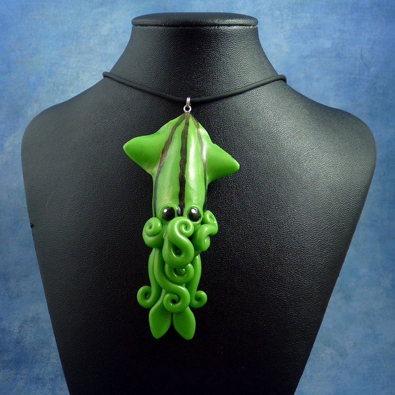 Green Squid Necklace, Handmade Polymer Clay Jewelry image 1