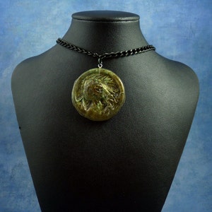 Green Resin Cthulhu Cameo Necklace, Polymer Clay Lovecraft Jewelry