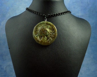 Green Resin Cthulhu Cameo Necklace, Polymer Clay Lovecraft Jewelry