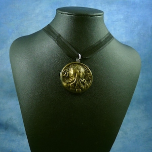 Antique Gold Small Cthulhu Cameo Necklace, Polymer Clay Lovecraft Jewelry image 1