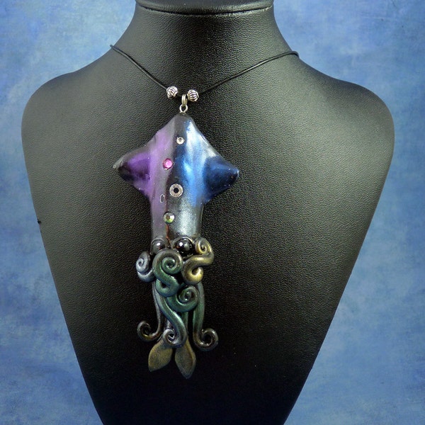Cosmic Squid Necklace, Handmade Polymer Clay Space Jewelry