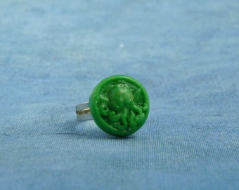 Green Cthulhu Ring, Polymer Clay Lovecraft Jewelry