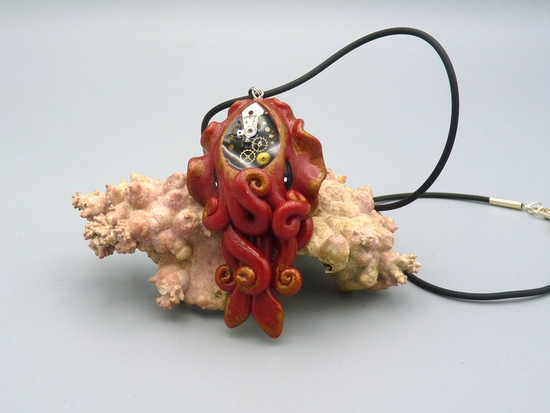 Gilded Steampunk Cuttlefish Necklace, Polymer Clay Sea Life Jewelry image 1