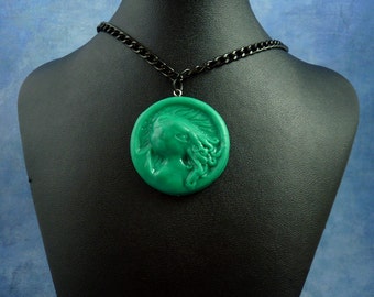 Jade Cthulhu Cameo Necklace with Chain, Polymer Clay Lovecraft Jewelry