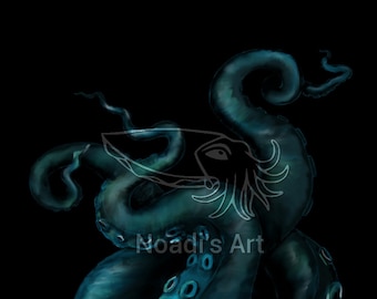 May include: A dark blue octopus with tentacles curled around itself. The octopus is rendered in a watercolor style with a black background.
