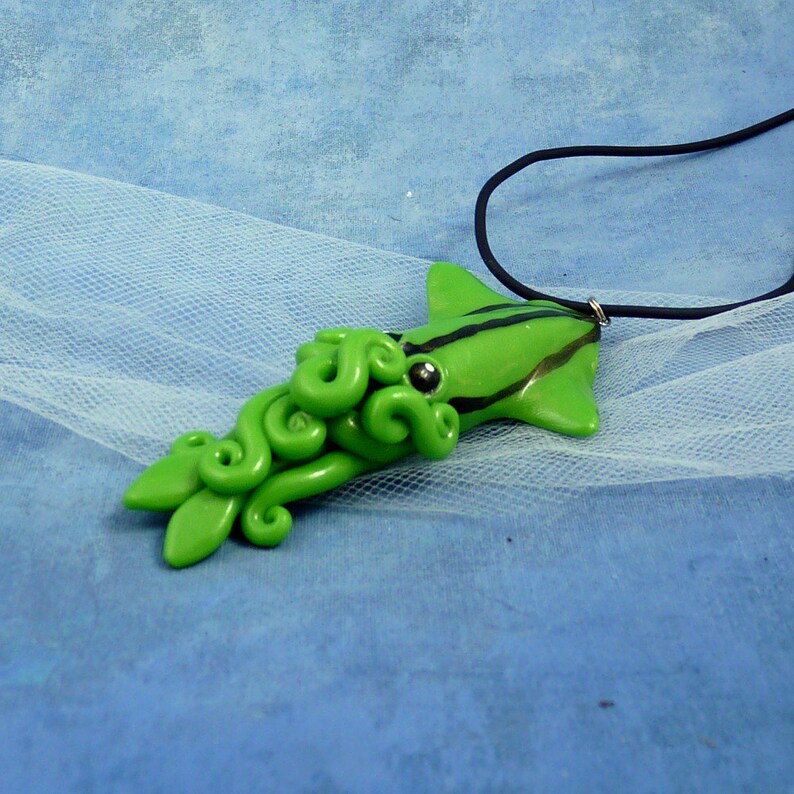 Green Squid Necklace, Handmade Polymer Clay Jewelry image 3