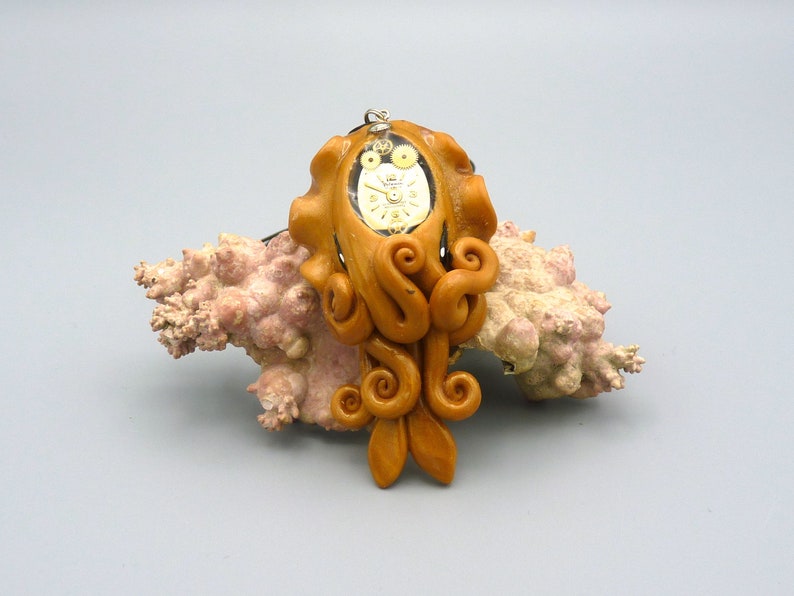 Brass Steampunk Cuttlefish Necklace, Clockwork Cephalopod Jewelry image 1