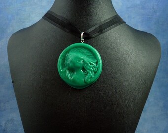 Jade Cthulhu Cameo Necklace, Polymer Clay Lovecraft Jewelry